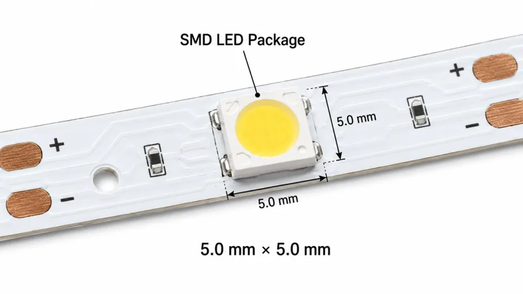Diagram of a 5.0 mm by 5.0 mm SMD LED package on an LED strip