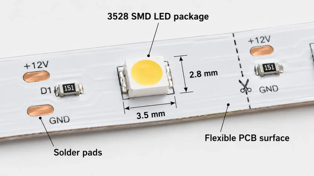 Diagram showing a 3528 SMD LED package labeled 3.5 mm by 2.8 mm on an LED strip