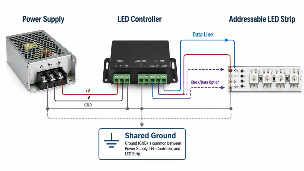 Diagram showing LED strip, controller, data or clock signal, power supply, and shared ground concept.