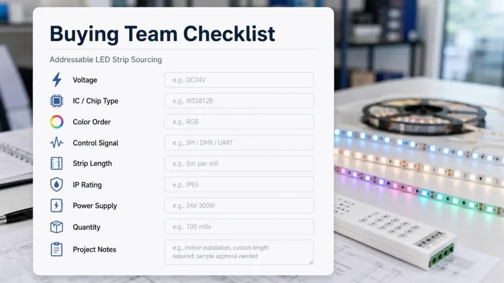 Checklist of use case, voltage, IC or controller need, color format, length, protection need, quantity, and custom needs.
