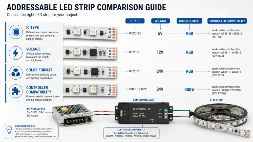 Diagram showing addressable LED strip type factors including IC, voltage, color format, LED count, strip form, and use site.