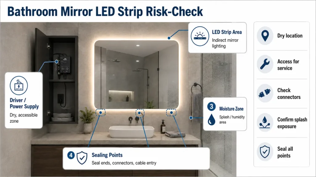 Bathroom mirror LED strip lighting checks for IP rating driver location and installation review