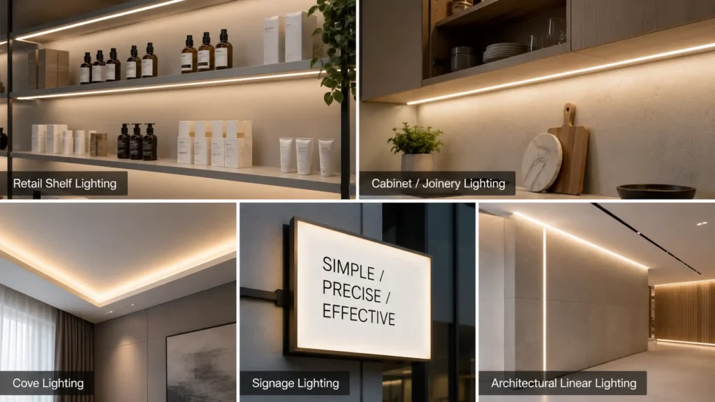COB LED strip application examples for retail, cabinet, cove, and signage lighting