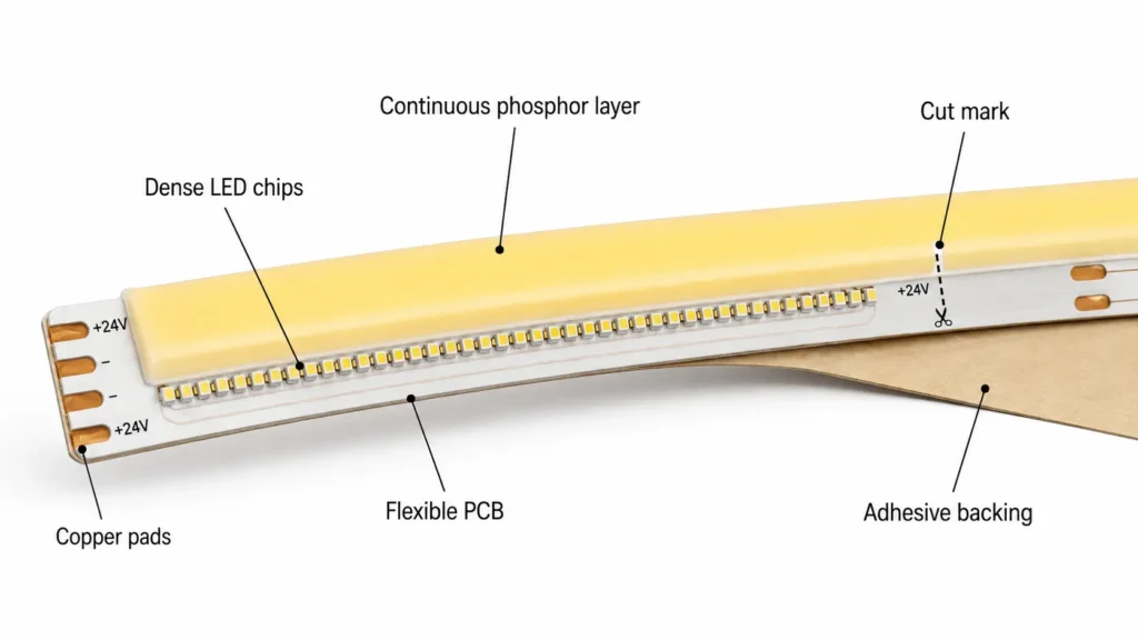 Diagram of closely mounted LED chips on a COB LED strip board