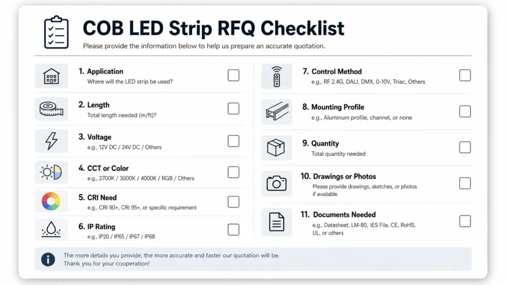 COB LED strip RFQ checklist for buyers