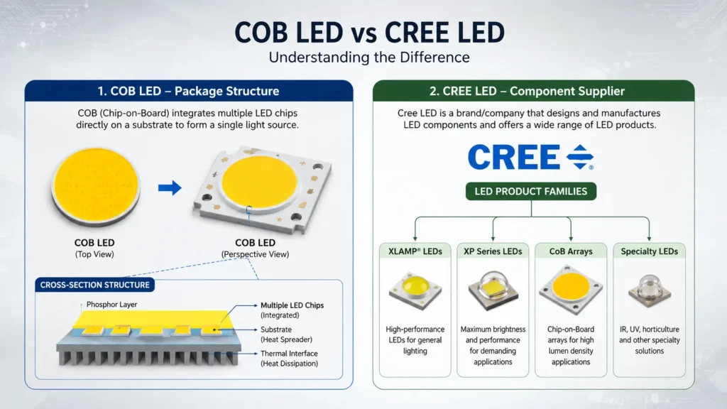 Diagram explaining COB LED as a package structure and Cree LED as a component brand