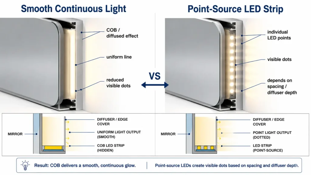 COB and SMD LED strip light uniformity comparison concept