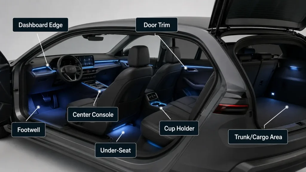 Diagram of common car interior lighting placement areas including footwell, dashboard edge, door trim, center console, under-seat, cup holder, and trunk/cargo area.