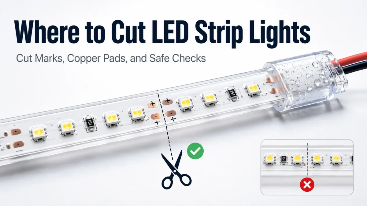 Learn where to cut LED strip lights, how to find cut marks/copper pads, what to check before reconnecting, and when waterproof projects need extra planning.