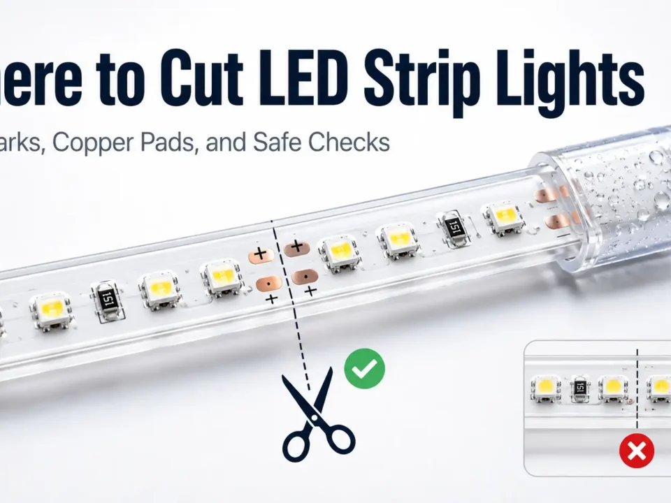 Learn where to cut LED strip lights, how to find cut marks/copper pads, what to check before reconnecting, and when waterproof projects need extra planning.