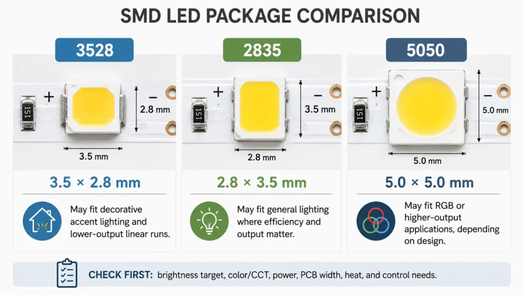 Comparison graphic of 3528, 2835, and 5050 SMD LED package sizes for LED strip selection