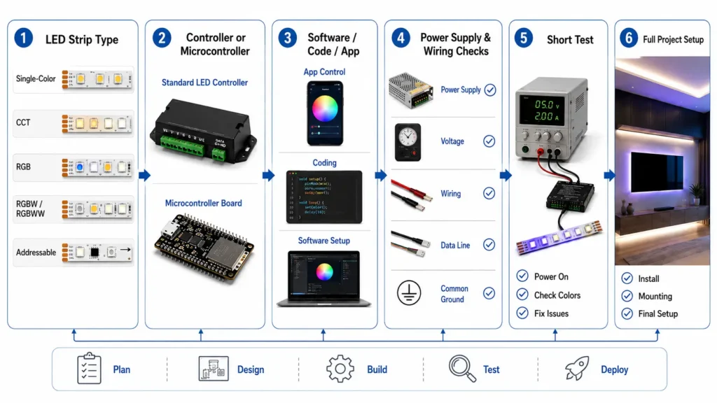 Diagram showing strip type, controller, software, power, and testing workflow