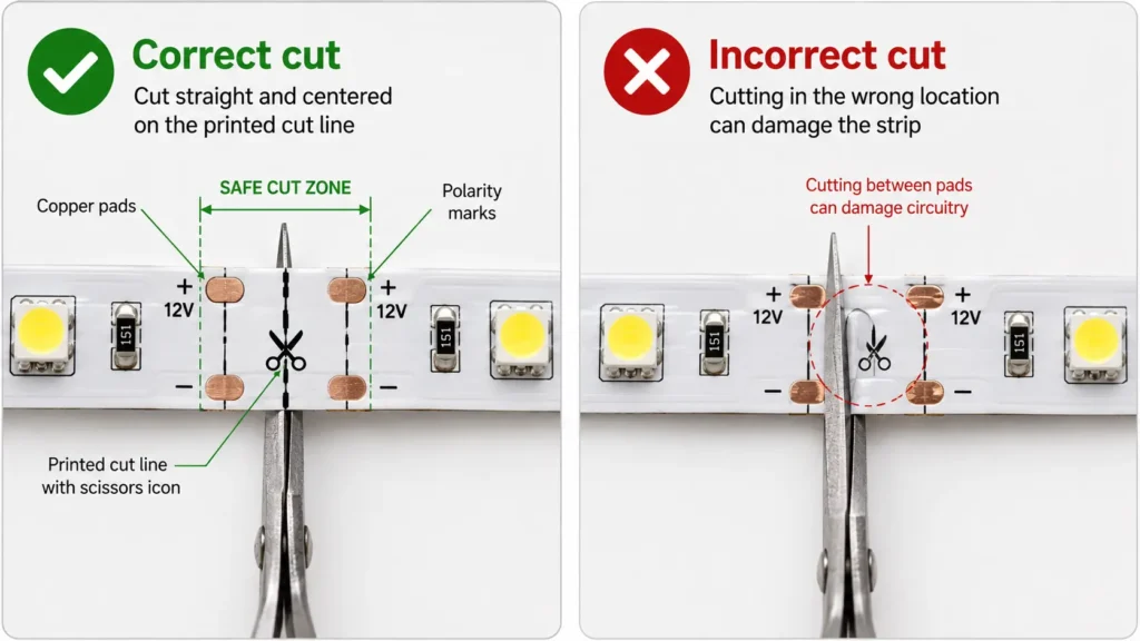 Comparison of correct LED strip cut on the marked line and wrong cut between circuit segments