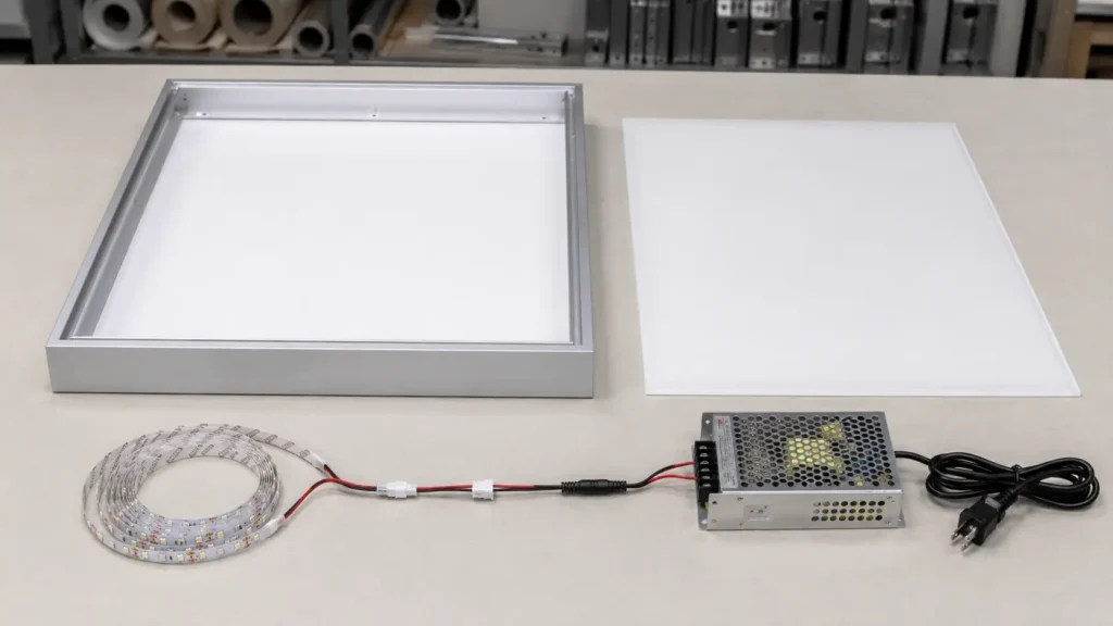 Basic component stack for a DIY lightbox display, including the frame, diffuser, LED strip, power supply, and connection path.