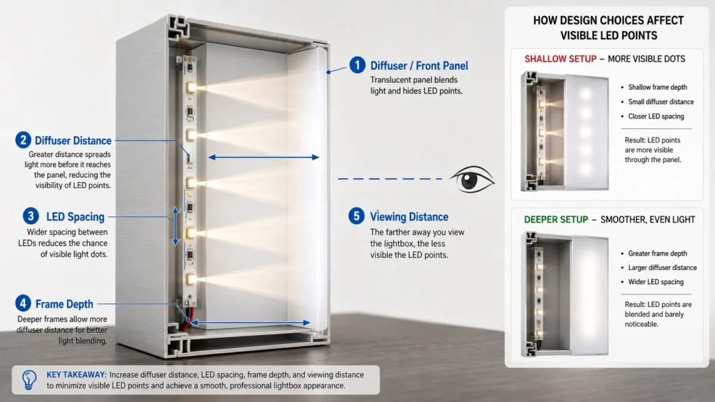 Diffuser distance, LED spacing, frame depth, and viewing distance all affect how visible LED points appear through a lightbox front panel.