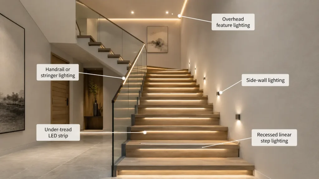 Diagram showing indoor stair lighting placements including under tread, side wall, handrail, and recessed linear lighting