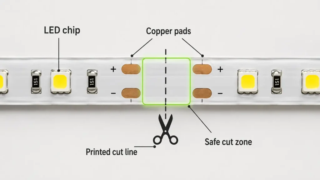 Close-up diagram of LED strip cut marks, copper pads, and safe cutting line