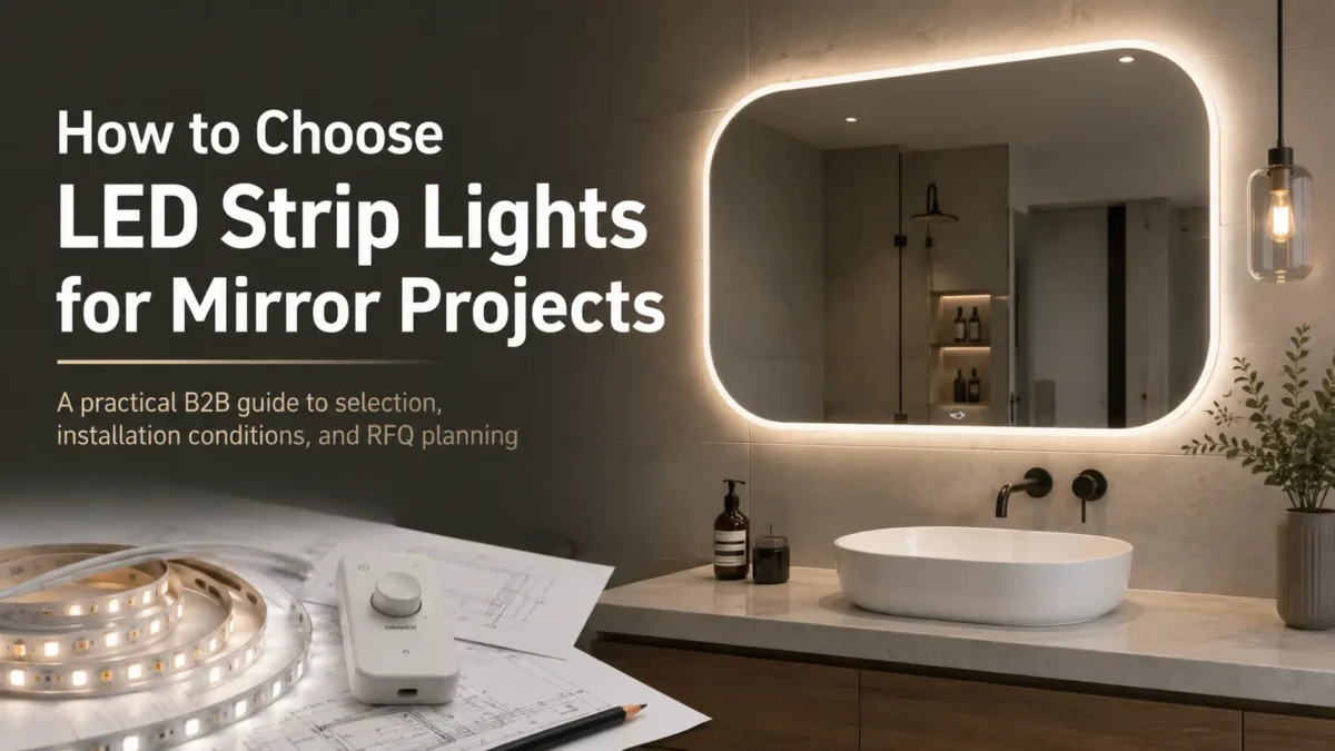 Learn how to choose LED strip lights for mirror projects by application, strip type, CCT/CRI, controls, wet-area checks, and RFQ details.