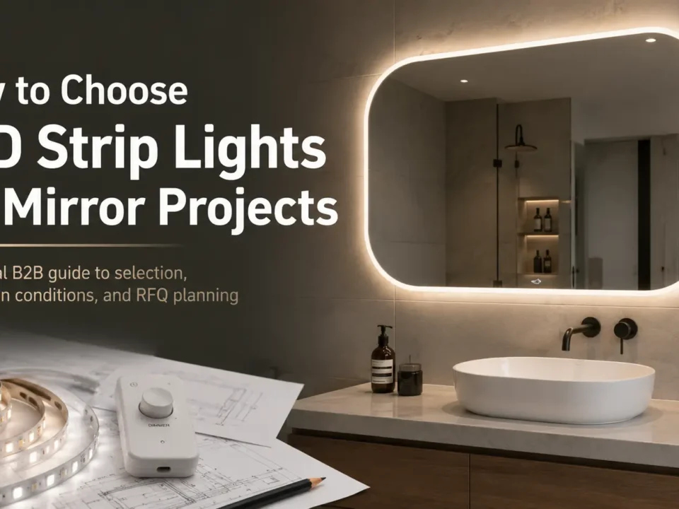 Learn how to choose LED strip lights for mirror projects by application, strip type, CCT/CRI, controls, wet-area checks, and RFQ details.