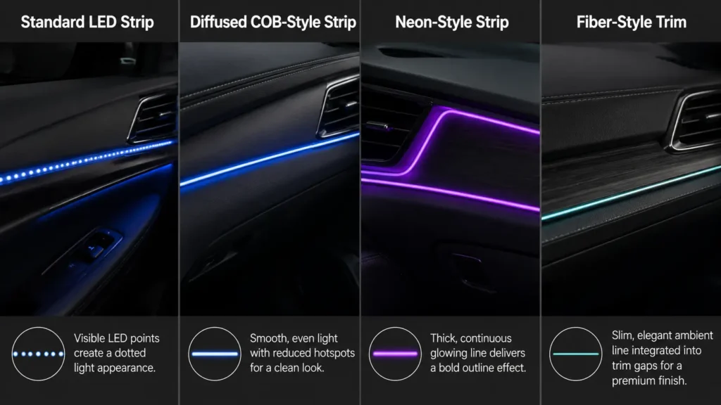 Comparison of standard LED strip, diffused COB-style strip, neon-style strip, and fiber-style trim for car interior lighting.