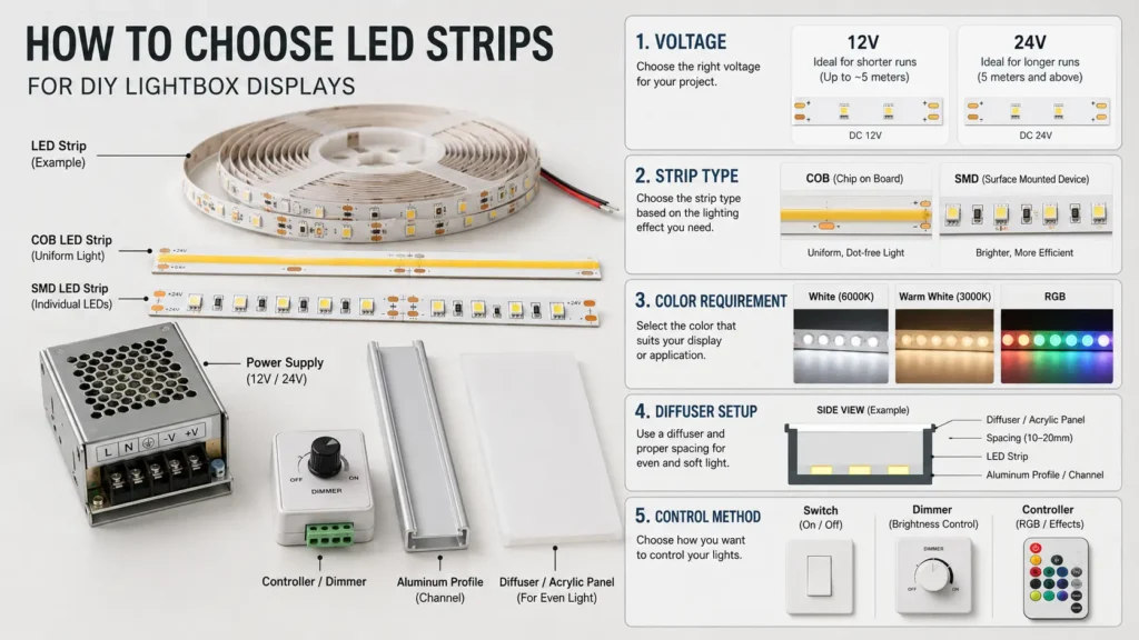 Key LED strip selection factors for a DIY lightbox display, including voltage, strip type, color requirement, diffuser setup, and control method.