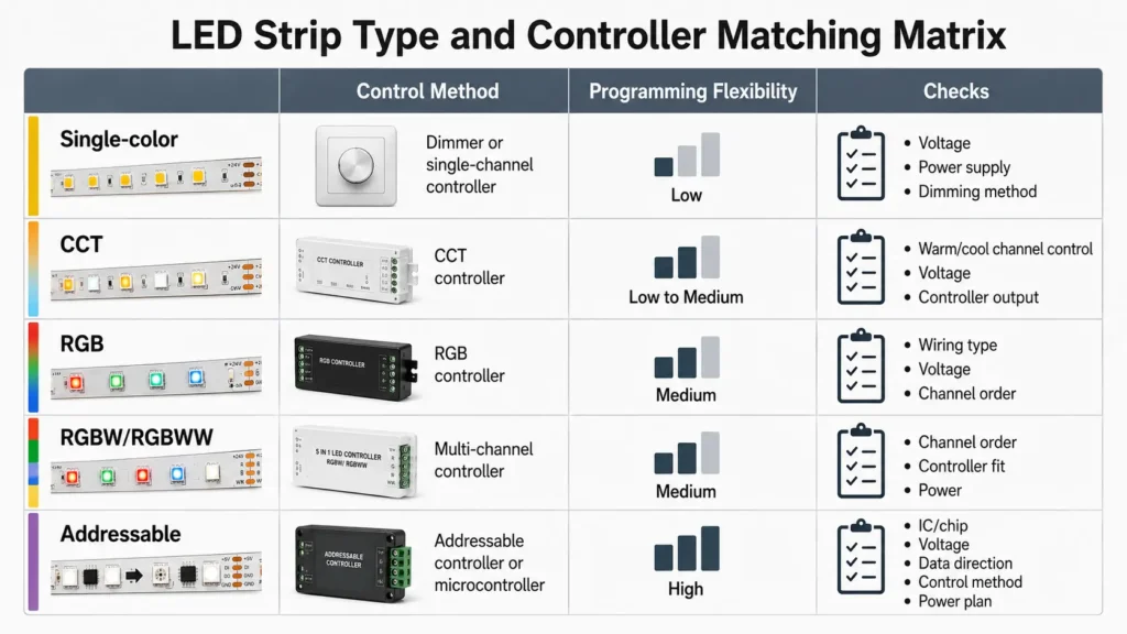 Matrix comparing analog, RGB, CCT, RGBW, and addressable LED strip control methods