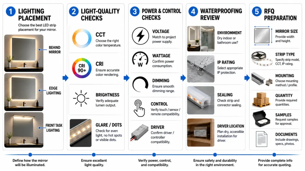 Selection flow for choosing LED strip lights for mirror projects
