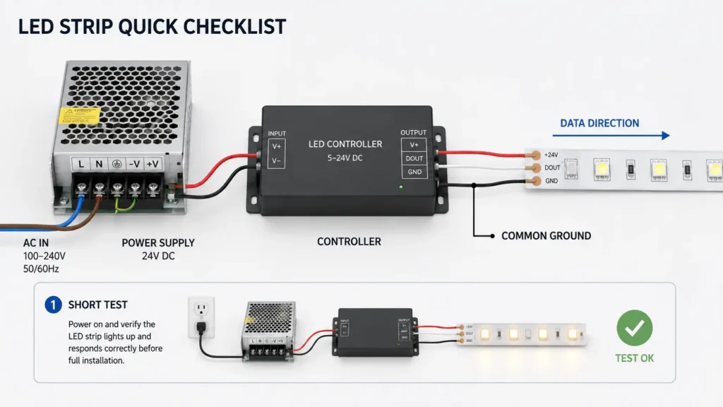 Checklist diagram for voltage, power supply, data direction, common ground, and test sequence