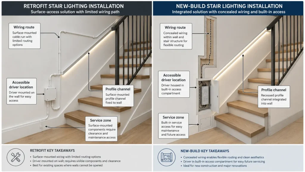 Diagram showing wiring route, driver access, profile channel, and service area for stair lighting