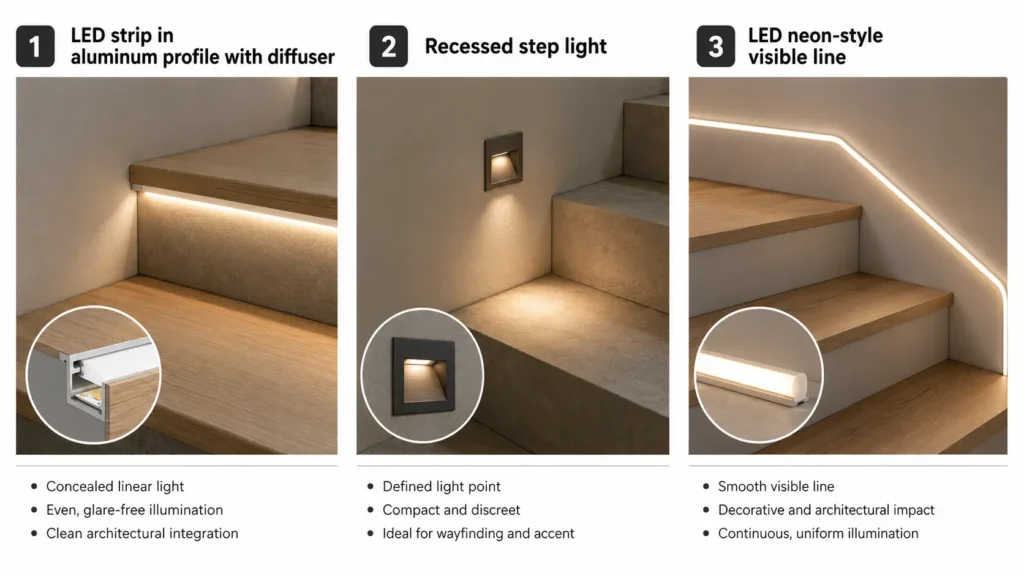 Comparison graphic of LED strip with profile, recessed step light, and LED neon-style line on indoor stairs