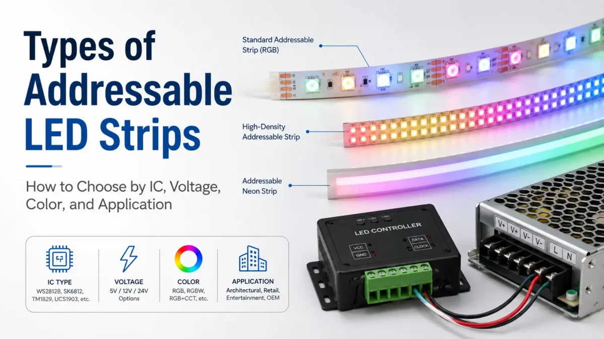 Compare addressable LED strip types by IC, voltage, RGB/RGBW, LED count, controller fit, use case, and RFQ needs.