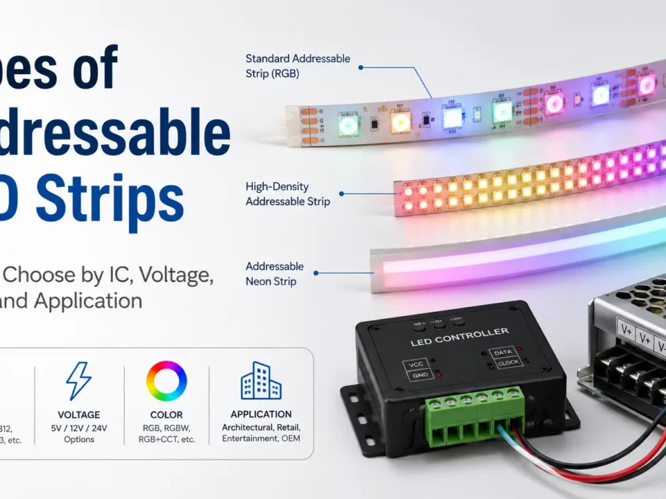 Compare addressable LED strip types by IC, voltage, RGB/RGBW, LED count, controller fit, use case, and RFQ needs.