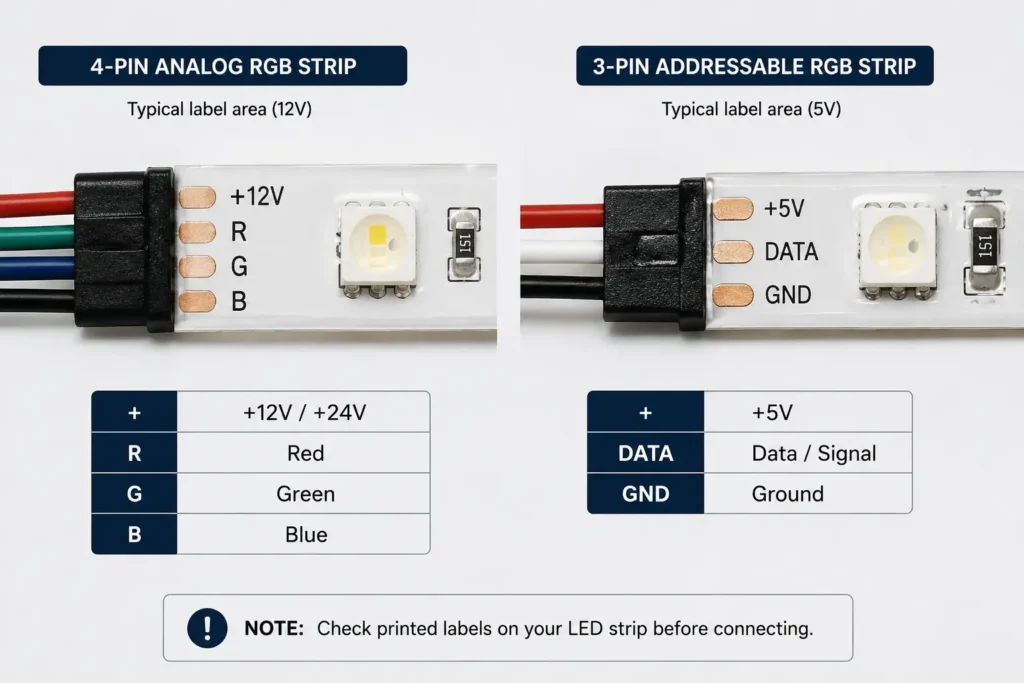 Diagram comparing analog RGB channel labels with addressable RGB data input labels
