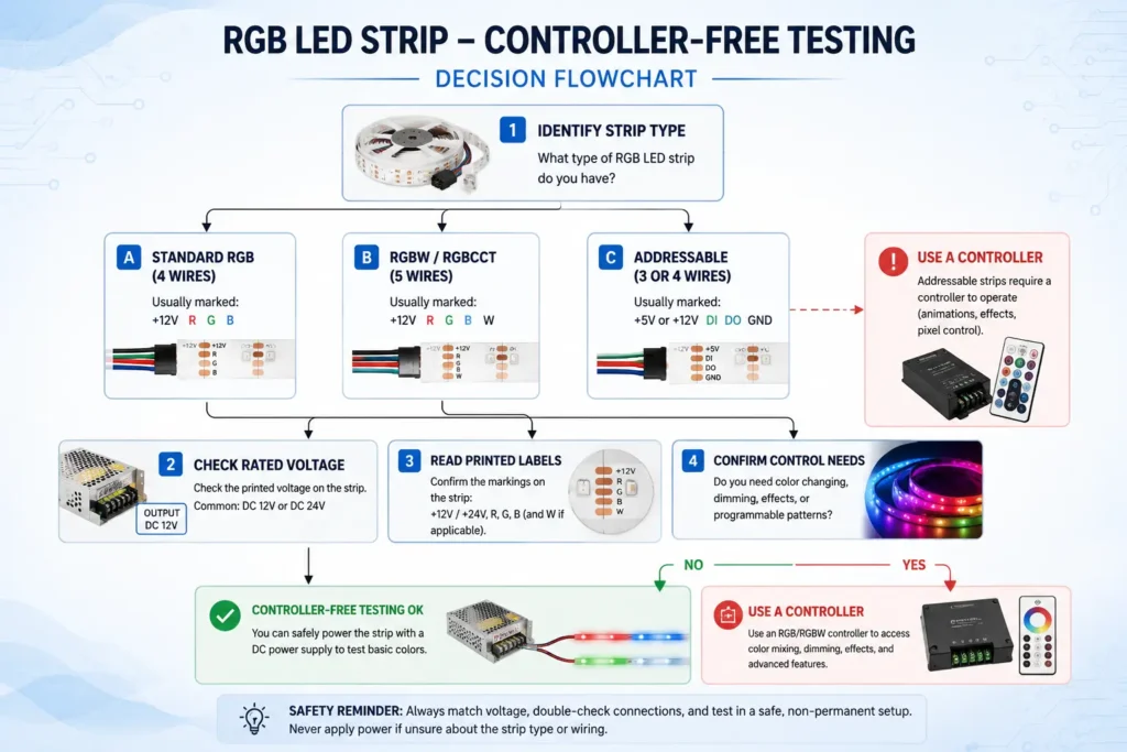 Flowchart for deciding whether an RGB LED strip can be tested without a controller
