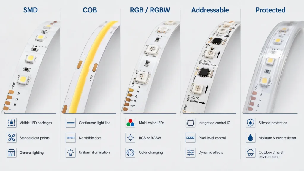 Comparison of common LED strip light types for commercial selection