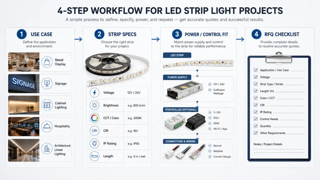 Workflow showing use case, LED strip specs, power and control, and RFQ preparation for buying LED strip lights