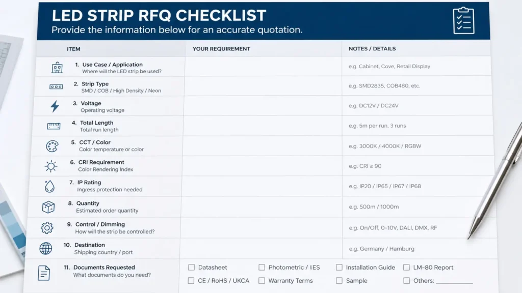 RFQ checklist for buying LED strip lights including use case, voltage, length, color, IP rating, quantity, control needs, and document requests
