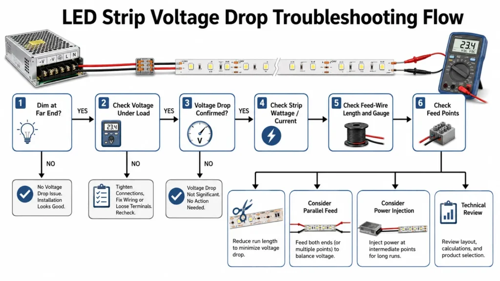 Flowchart for checking LED strip voltage drop causes and possible fixes