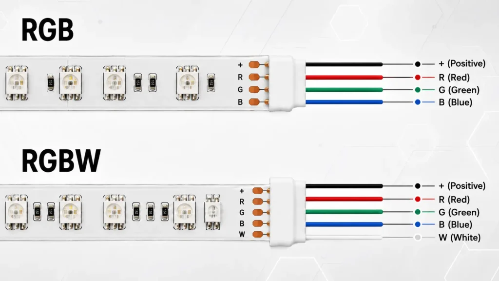 Diagram showing RGB 3-channel LED strip compared with RGBW 4-channel LED strip