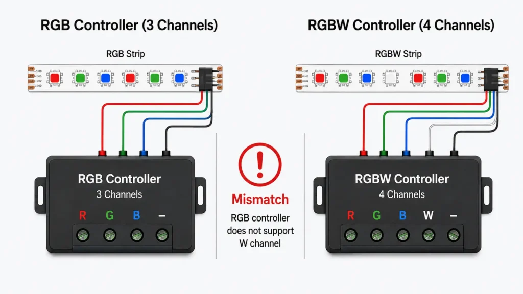 Diagram showing RGB controller vs RGBW 4-channel controller compatibility
