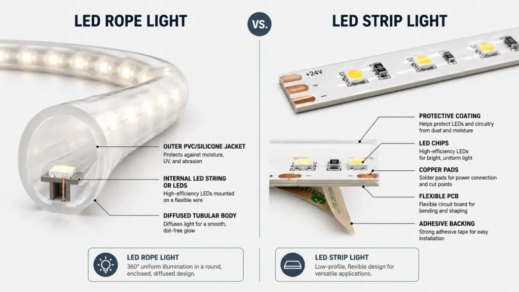Side-by-side comparison of a round rope light and a flat LED strip light.