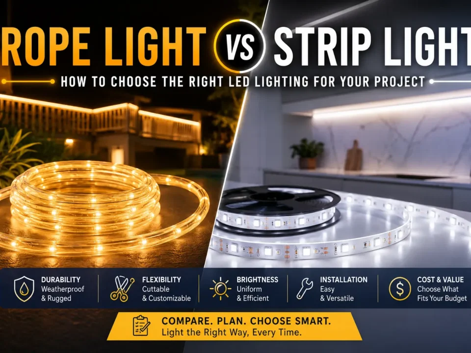 Compare rope lights and LED strip lights by structure, brightness, installation, application fit, power setup, and RFQ requirements so you can choose the right option for your project.