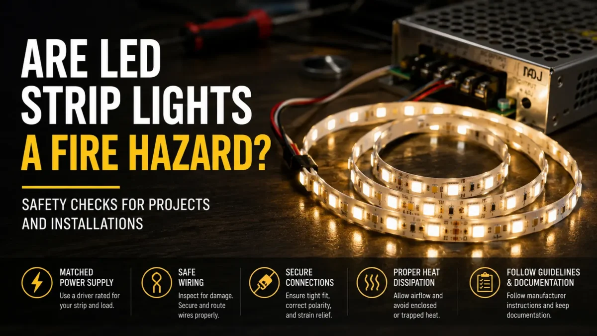 LED strip lights are not automatically a fire hazard, but unsafe power, wiring, heat, or installation conditions can raise risk. Use this project checklist before buying or installing.