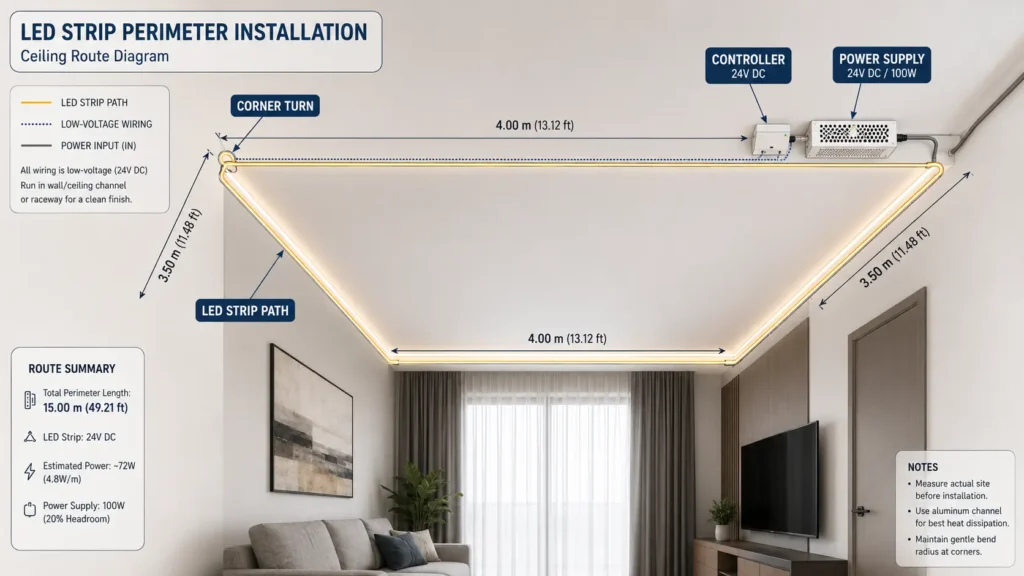 diagram showing LED strip path, ceiling corners, and power supply location