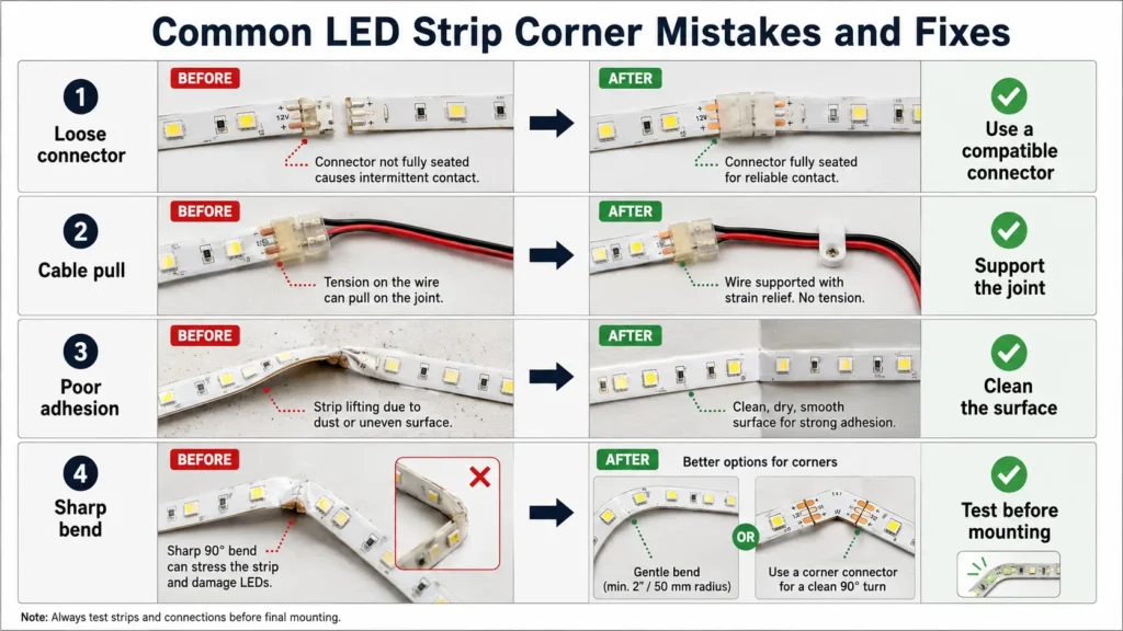 Diagram showing loose connector, cable pull, poor adhesion, and sharp bend problems on LED strip corners