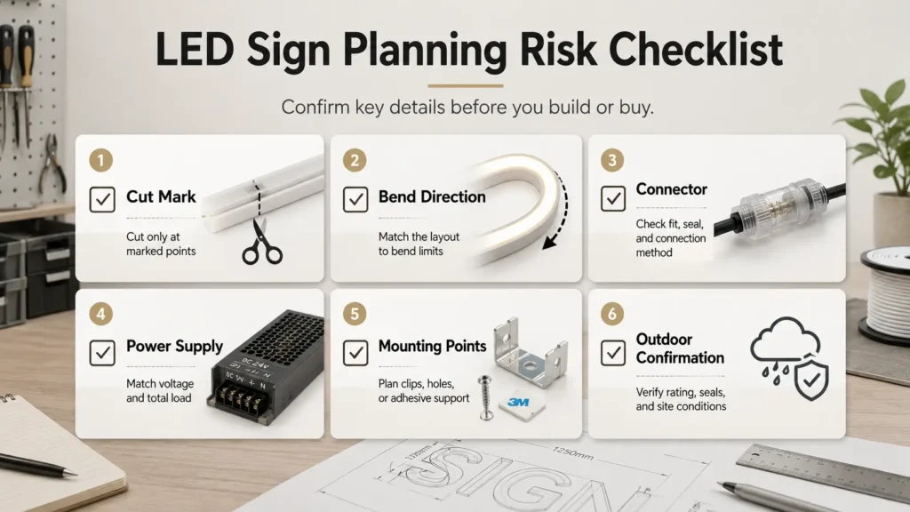 Checklist for cut points, bend direction, power supply, mounting, and outdoor confirmation