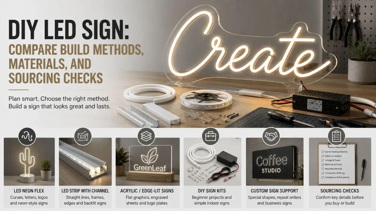 Compare DIY LED sign methods, common materials, build risks, and the details to prepare before buying LED neon flex, strip/channel parts, kits, or custom support.
