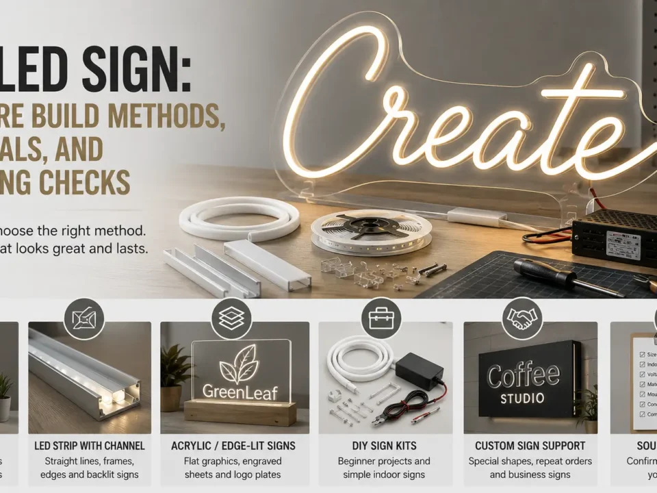 Compare DIY LED sign methods, common materials, build risks, and the details to prepare before buying LED neon flex, strip/channel parts, kits, or custom support.