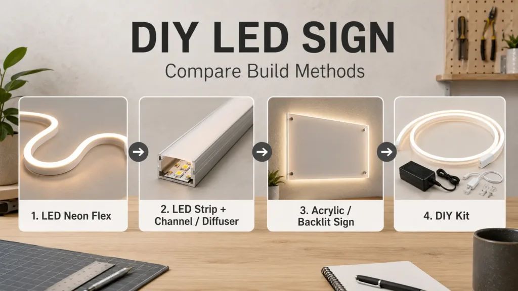 Compare LED neon flex, LED strip channel, acrylic backlit sign, and DIY kit options
