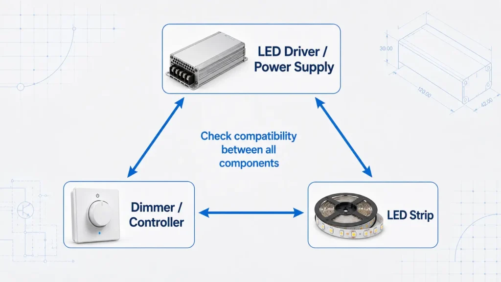 LED strip flicker fit diagram linking LED driver, dimmer, controller, and LED strip